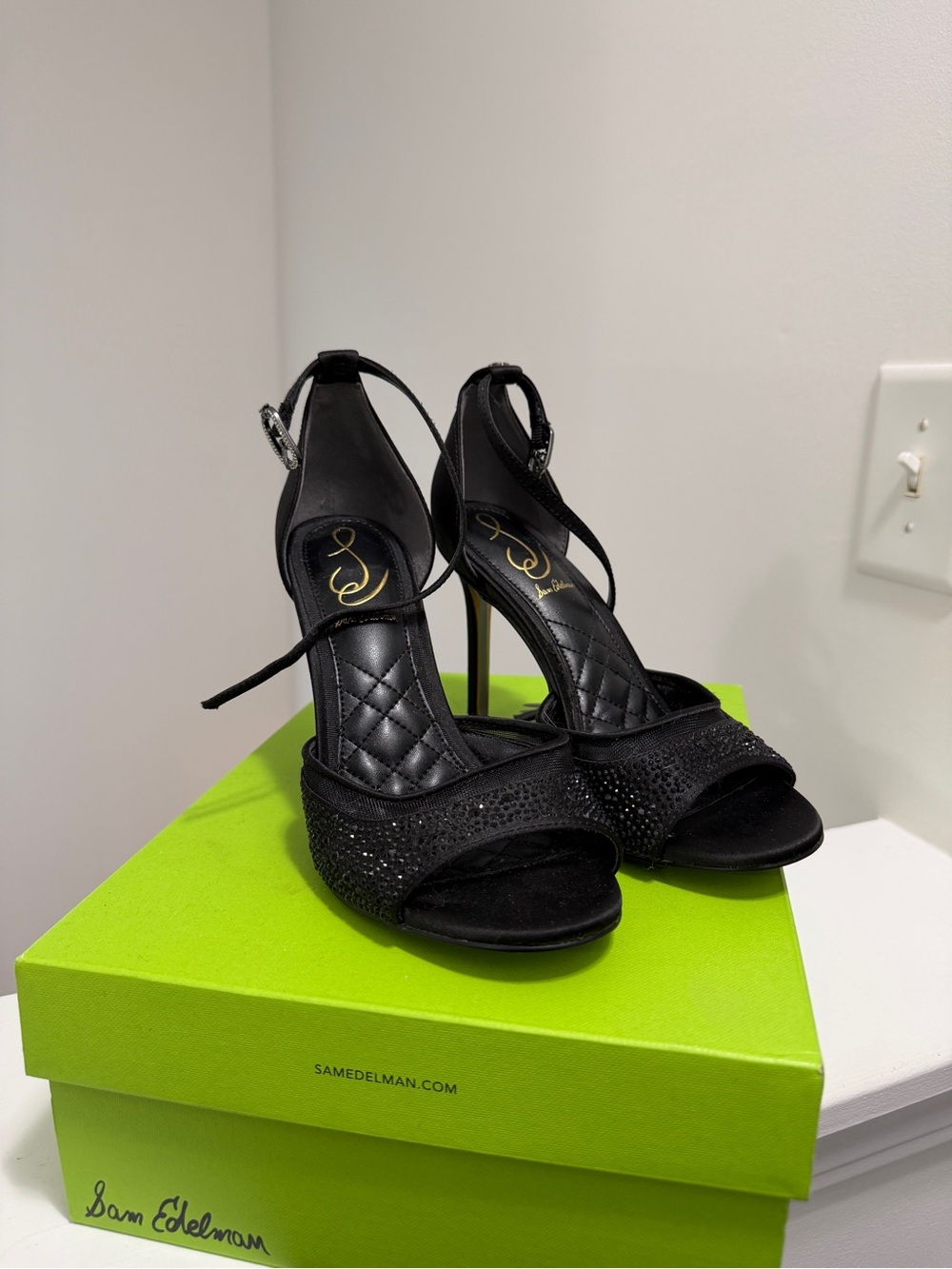 Sam Edelman Black Sparkle Quilted Open-Toe Ankle-Strap Heels